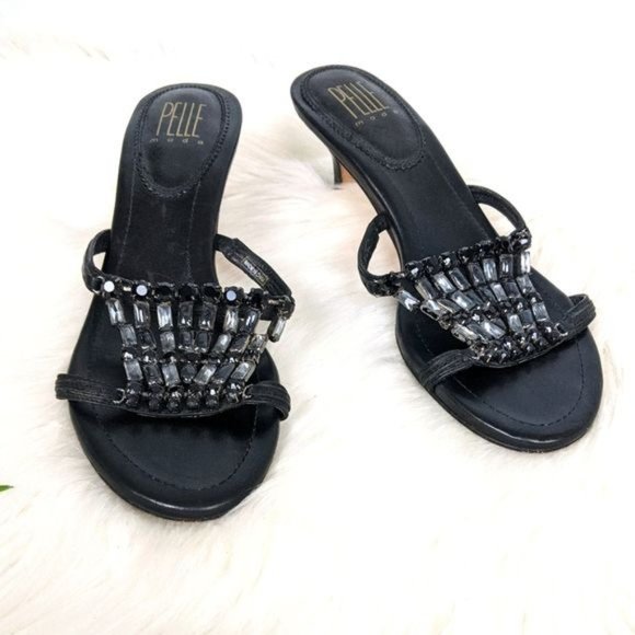 Pelle Moda Black Leather Beaded Kitten Heel Slides 7 y2k Club Special Occasion - Picture 2 of 8